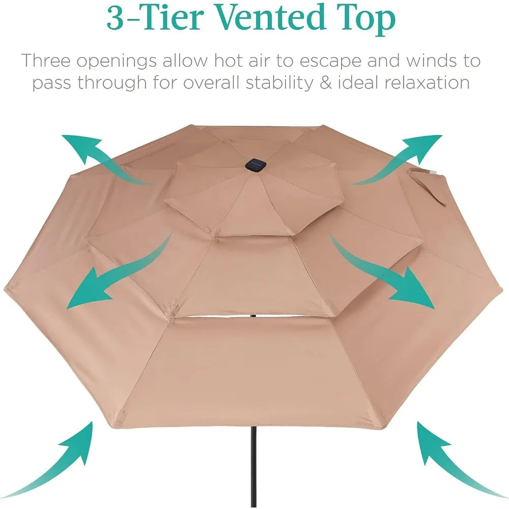 10ft 3-Tier Solar Patio Umbrella, Outdoor Market Sun Shade