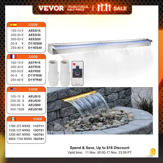 VEVOR 30-150CM Pool Fountain Waterfall With Light