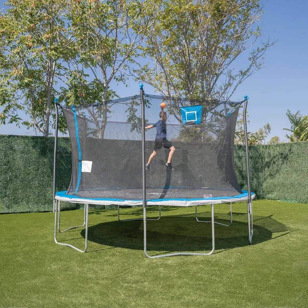 Blue Trampolines 14ft Trampoline And Enclosure With Basketball Hoop