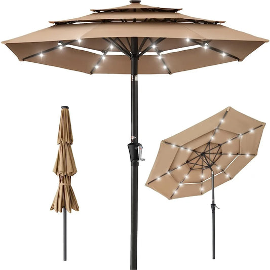 10ft 3-Tier Solar Patio Umbrella, Outdoor Market Sun Shade